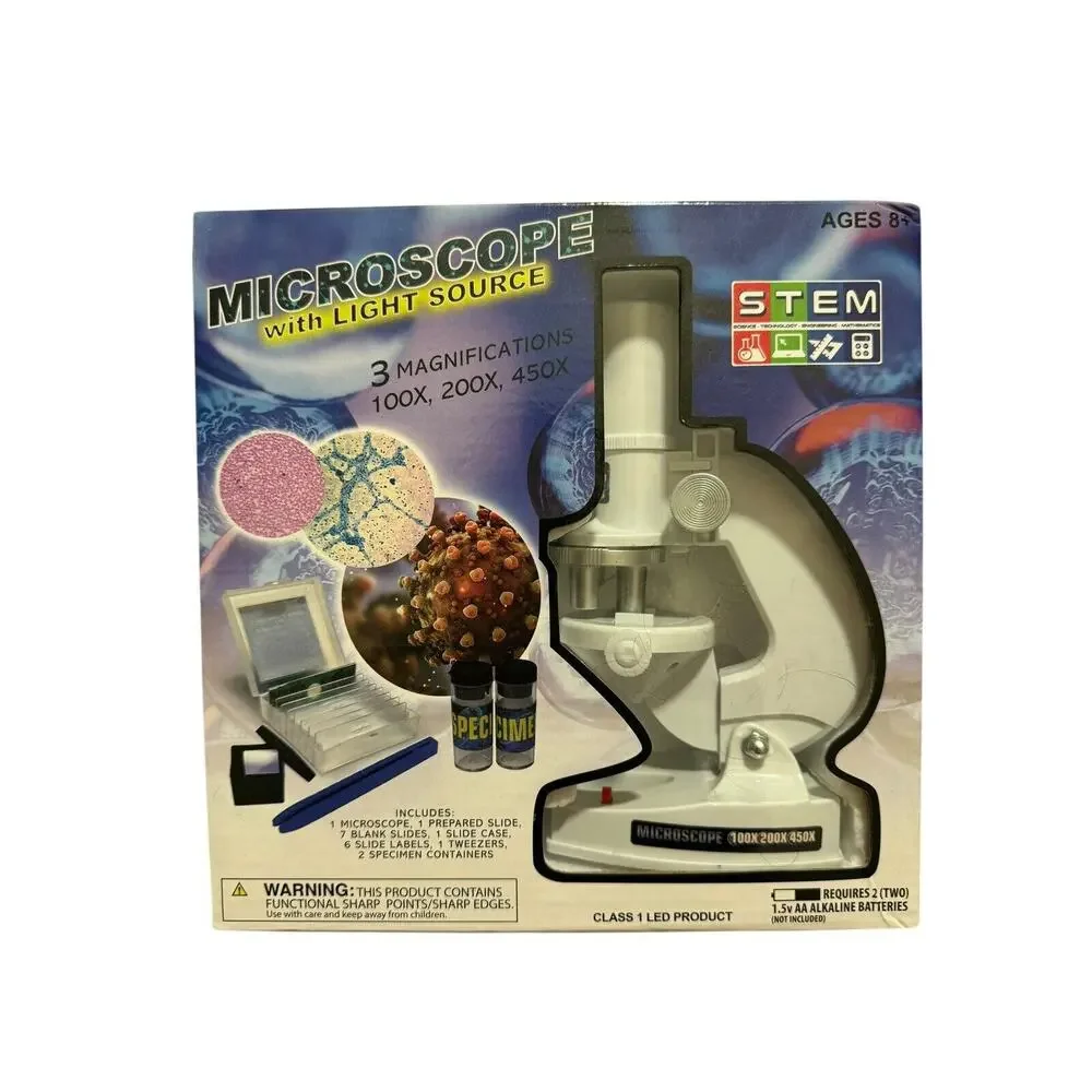 STEM Microscope Kit With Light Source 100x 200x 450x Kids Educational Ages 8+